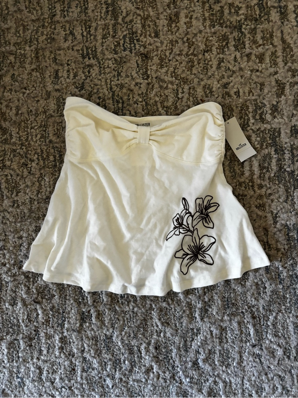 Hollister White Strapless Top with Brown Floral Stitching Brand New